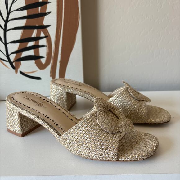 Larroude Flora Woven Raffia Gold Beige Slip On Block Heel Mule Sandals Size 7.5 - Picture 4 of 10